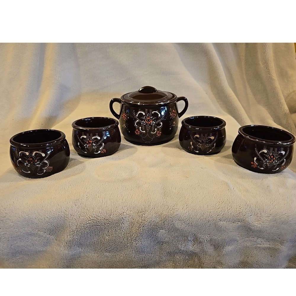 Vtg Relco Red-ware Brown Betty Redware Bean Pot Handpainted Moriage Japan w/ Lid